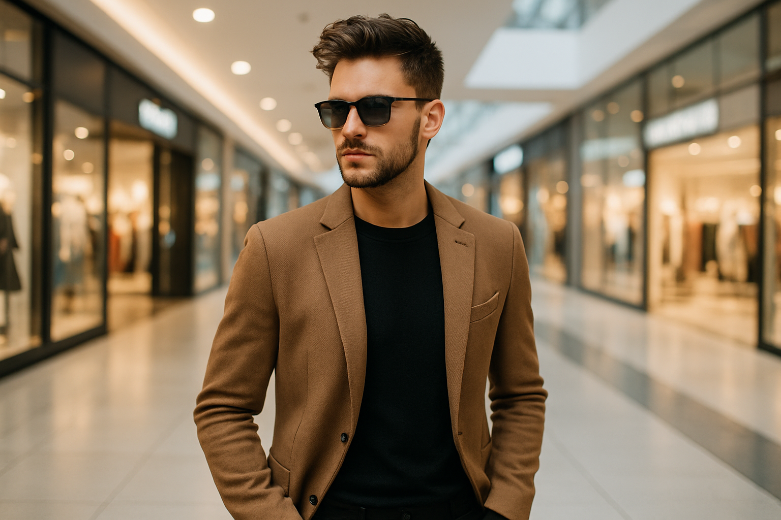 a male model wearing trendy sunglasses in a shopping mall