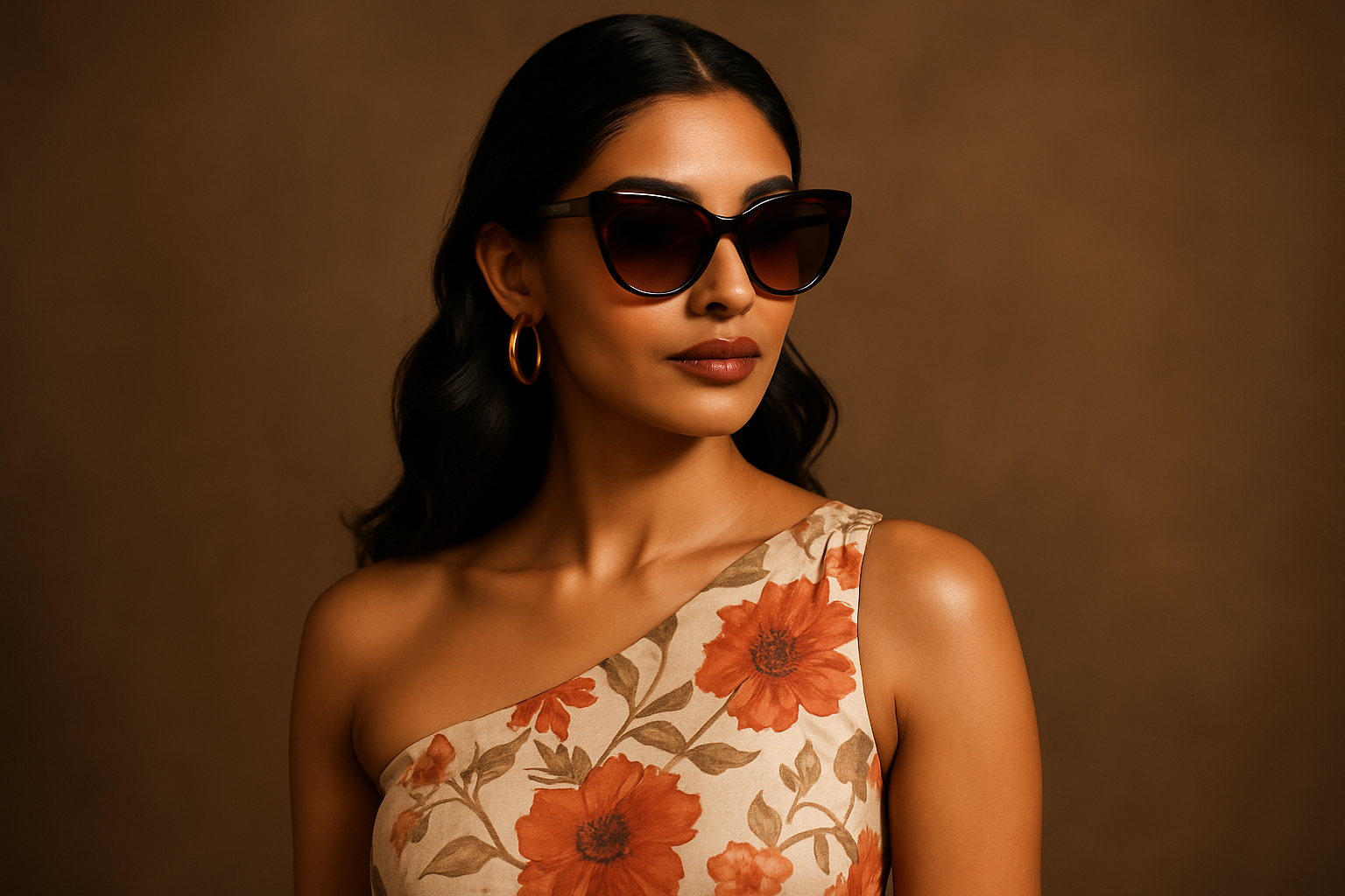 indian femal model wearing sunglasses with an attractive dress