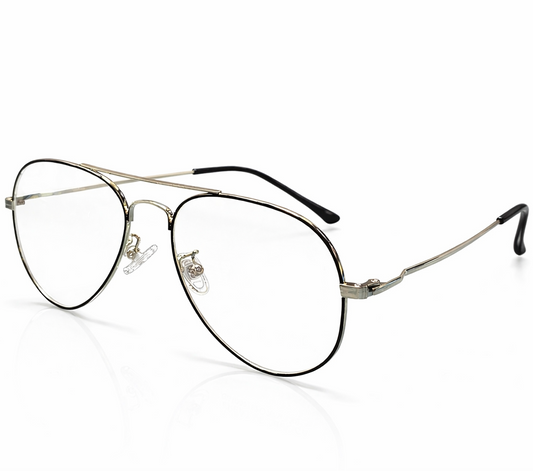 Aviator-style photochromic eyedigo eyeglasses with a silver frame on a white background