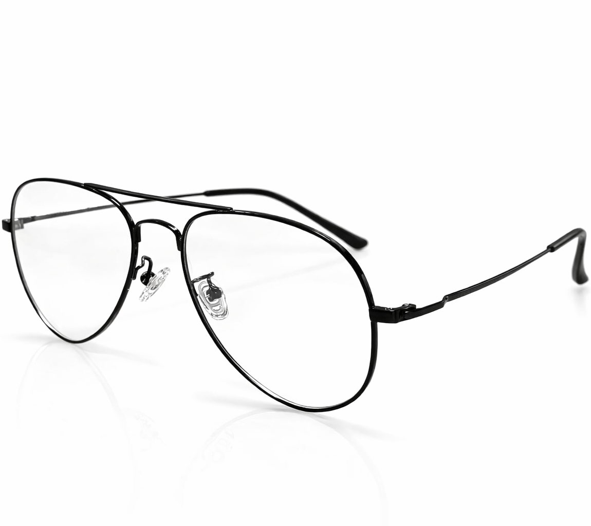 Black aviator prescription zero power eyeglasses on a white background